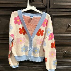 Old Navy 8 Floral Patterned Women's Sweater with Blue Accents